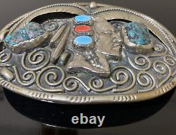 Vintage Sterling Silver Indian Chief Head Navajo Belt Buckle turquoise & Coral