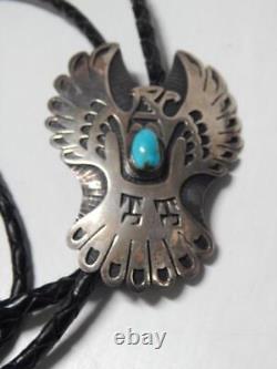 Vintage Sterling Silver Turquoise Eagle Navajo Indian Bolo Tie- Xtra Nice Tips