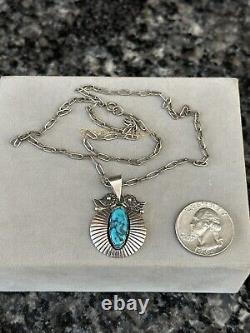 Vintage Sterling Silver Turquoise Native American Shadowbox Pendant Necklace 18
