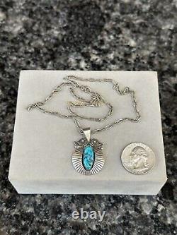 Vintage Sterling Silver Turquoise Native American Shadowbox Pendant Necklace 18