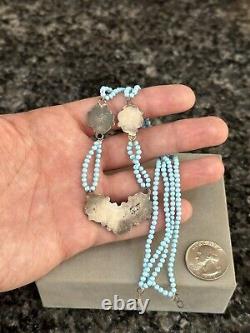 Vintage Zuni Sterling Silver Turquoise Native American MOP Pearl Flower Necklace