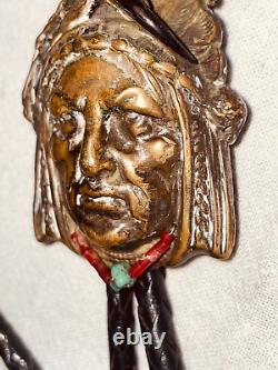 Vtg Antique American Indian Chief Head Navajo Sterling W Turquoise Coral Detail