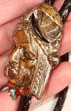 Vtg Antique American Indian Chief Head Navajo Sterling W Turquoise Coral Detail
