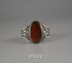 Vtg Navajo Indian Silver Cuff Bracelet Beautiful Deep Red Agate Stone 6 1/8