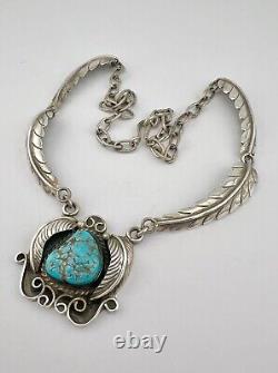 Vtg Navajo Sterling Silver Kingman Turquoise Feather Collar Dangle Necklace 17