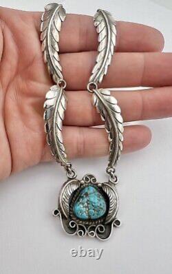 Vtg Navajo Sterling Silver Kingman Turquoise Feather Collar Dangle Necklace 17
