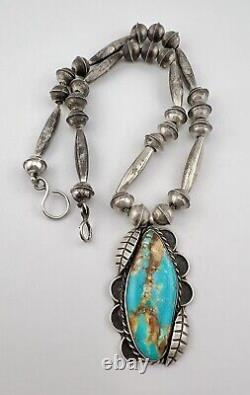 Vtg Navajo Sterling Silver Royston Turquoise Bench Bead Pendant Necklace 17