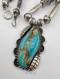 Vtg Navajo Sterling Silver Royston Turquoise Bench Bead Pendant Necklace 17