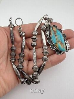 Vtg Navajo Sterling Silver Royston Turquoise Bench Bead Pendant Necklace 17