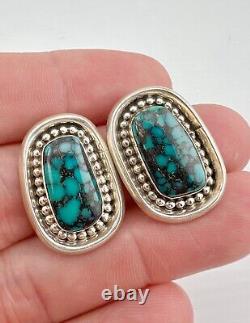 Vtg Navajo Sterling Silver Webbed Indian Mountain Turquoise Post Earrings
