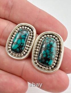 Vtg Navajo Sterling Silver Webbed Indian Mountain Turquoise Post Earrings