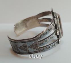 Weighty Vintage Navajo Indian Stampwork Silver Petrified Wood Cuff Bracelet
