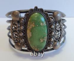 Wide Vintage 1930s Navajo Indian Silver Green Turquoise Cuff Bracelet