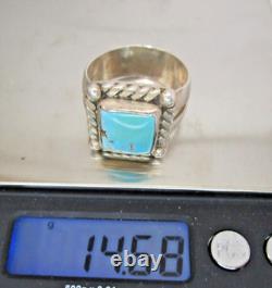 Bague carrée pour homme en argent sterling et turquoise des Indiens Navajo des années 1940-1950, taille 13