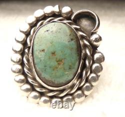 Bague en argent sterling niello avec une grande pierre de turquoise verte et un visage de Navajo ancien, taille 7