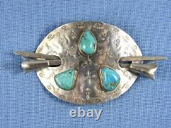 Barrette à cheveux en argent sterling Navajo vintage avec turquoise estampillée signée grande