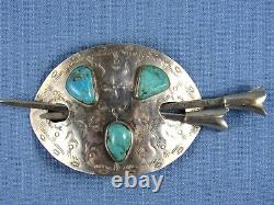 Barrette à cheveux en argent sterling Navajo vintage avec turquoise estampillée signée grande