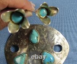 Barrette à cheveux en argent sterling Navajo vintage avec turquoise estampillée signée grande