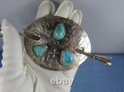 Barrette à cheveux en argent sterling Navajo vintage avec turquoise estampillée signée grande