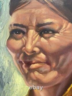 Beau tableau à l'huile de portrait ancien du Sud-Ouest Navajo de Gertrude Rust