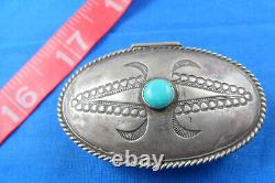 Boîte à pilules en argent vintage Navajo Native American Indian Turquoise Oval Stamped