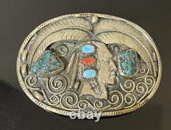 Boucle de ceinture vintage en argent sterling avec tête de chef indien Navajo et turquoise et corail