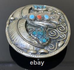 Boucle de ceinture vintage en argent sterling avec tête de chef indien Navajo et turquoise et corail