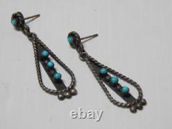 Boucles d'oreilles à pendentif vintage antiques Navajo indiennes en argent sterling + turquoise