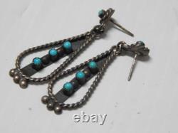 Boucles d'oreilles à pendentif vintage antiques Navajo indiennes en argent sterling + turquoise