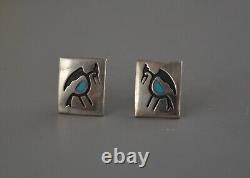 Boutons de manchette vintage en argent Navajo avec des roadrunners en turquoise mesurant 3/4 de haut