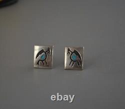 Boutons de manchette vintage en argent Navajo avec des roadrunners en turquoise mesurant 3/4 de haut