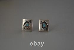 Boutons de manchette vintage en argent Navajo avec des roadrunners en turquoise mesurant 3/4 de haut