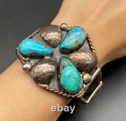 Bracelet Manchette en Argent et Turquoise Navajo Native Indian Vintage 6-5/8