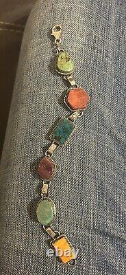 Bracelet de maillons en argent sterling avec turquoise et épineux des Indiens Navajo vintage