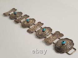 Bracelet détaillé en argent sterling et turquoise de VTG Native American Concho, 8 1/4'