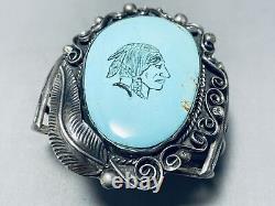 Bracelet en argent sterling vintage en turquoise Navajo sculptée à la main