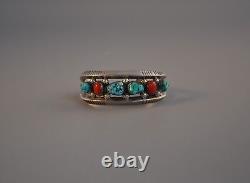 Bracelet épais en argent massif avec 4 pépites de turquoise et 2 de corail, style Vintage Navajo Indien, taille 6 1/2.