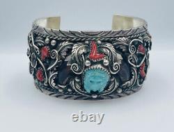 Bracelet manchette en argent sterling vintage Navajo sculpté avec chef indien, turquoise et corail