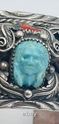 Bracelet manchette en argent sterling vintage Navajo sculpté avec chef indien, turquoise et corail