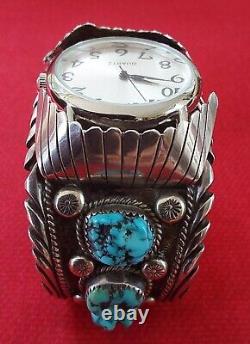 Bracelet manchette en argent vintage signé Navajo avec des pépites de turquoise de Morenci - Fonctionne comme une montre