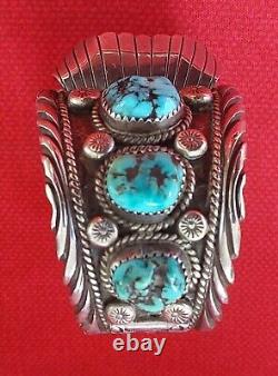 Bracelet manchette en argent vintage signé Navajo avec des pépites de turquoise de Morenci - Fonctionne comme une montre