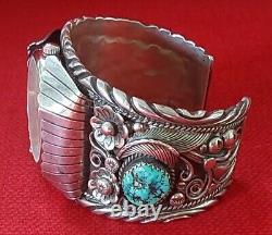 Bracelet manchette en argent vintage signé Navajo avec des pépites de turquoise de Morenci - Fonctionne comme une montre