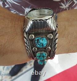 Bracelet manchette en argent vintage signé Navajo avec des pépites de turquoise de Morenci - Fonctionne comme une montre