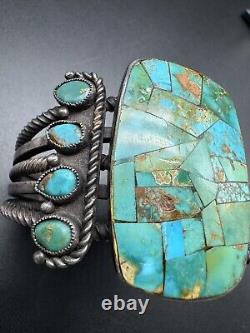 Bracelet manchette lourde en turquoise et argent sterling vintage amérindien Navajo