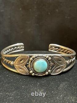 Bracelet manchette vintage en argent sterling Navajo avec feuille en turquoise