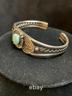 Bracelet manchette vintage en argent sterling Navajo avec feuille en turquoise