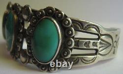 Bracelet manchette vintage en argent sterling avec turquoise verte et bleue de l'Indien Navajo