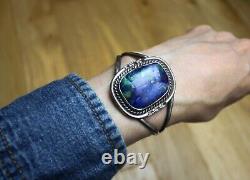 Bracelet manchette vintage en argent sterling navajo américain natif avec azurite