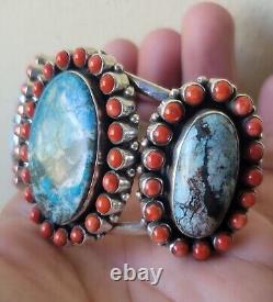 Bracelet vintage en argent sterling Navajo Native American Indian Turquoise Coral