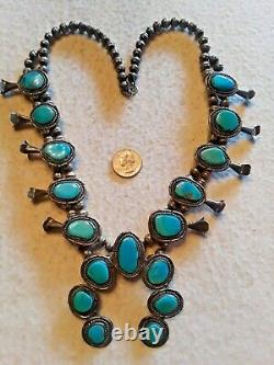 Collier Navajo amérindien Squash Blossom vintage Turquoise Argent Sterling GRAND 180g